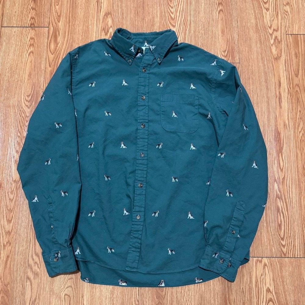 Brooks Brothers Men's Button Down Shirt Large Long Sleeve Dog Green AOP